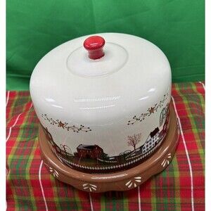VTG Farm Multi Purpose Ceramic Cake/Cheese Crackers Reversible Platter w/ Dome